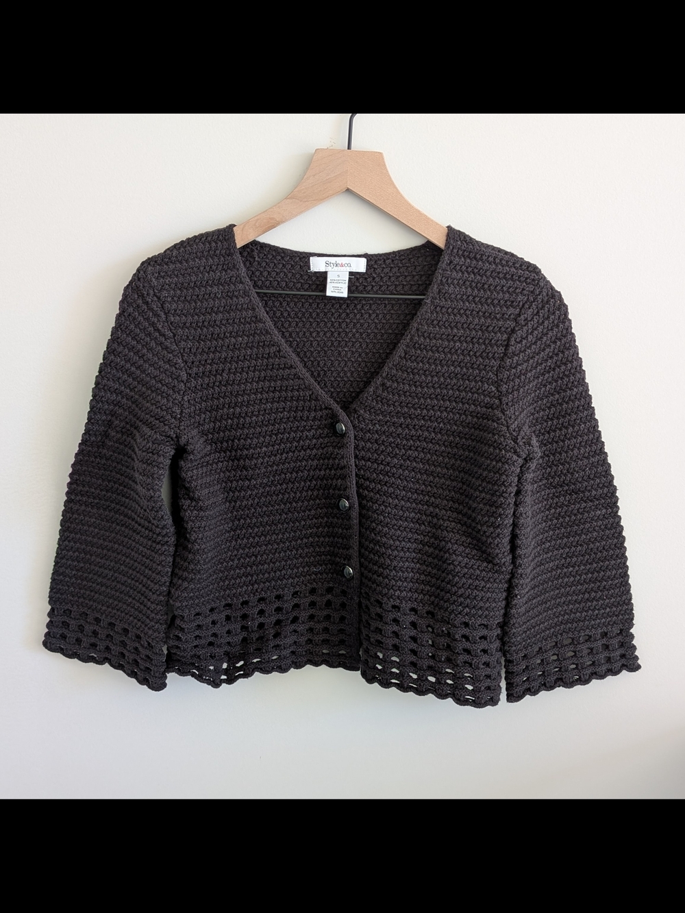 Style & Co. Black Cropped Crochet Cardigan